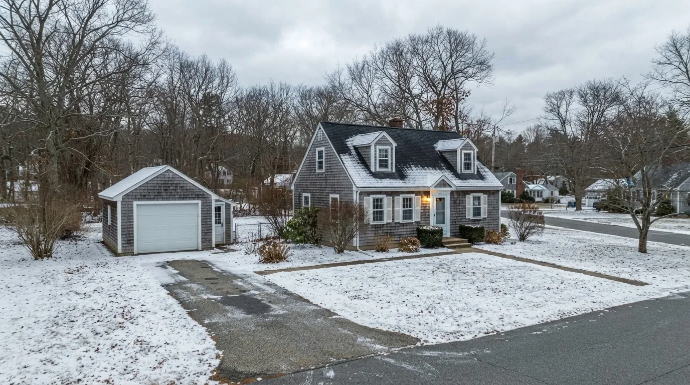 Cape-style house with a detached single-car garage after a light snowfall